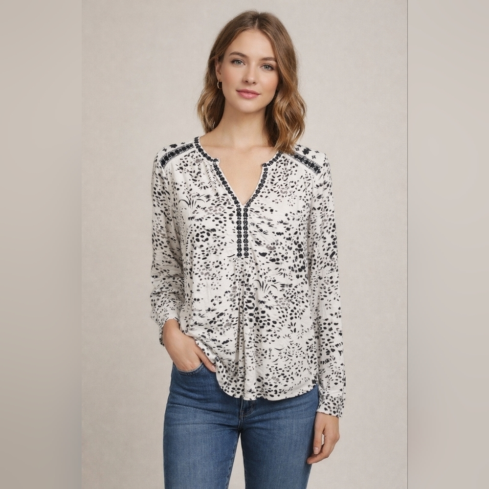 Lucky Brand Black and White Boho Embroidered Floral Shirt